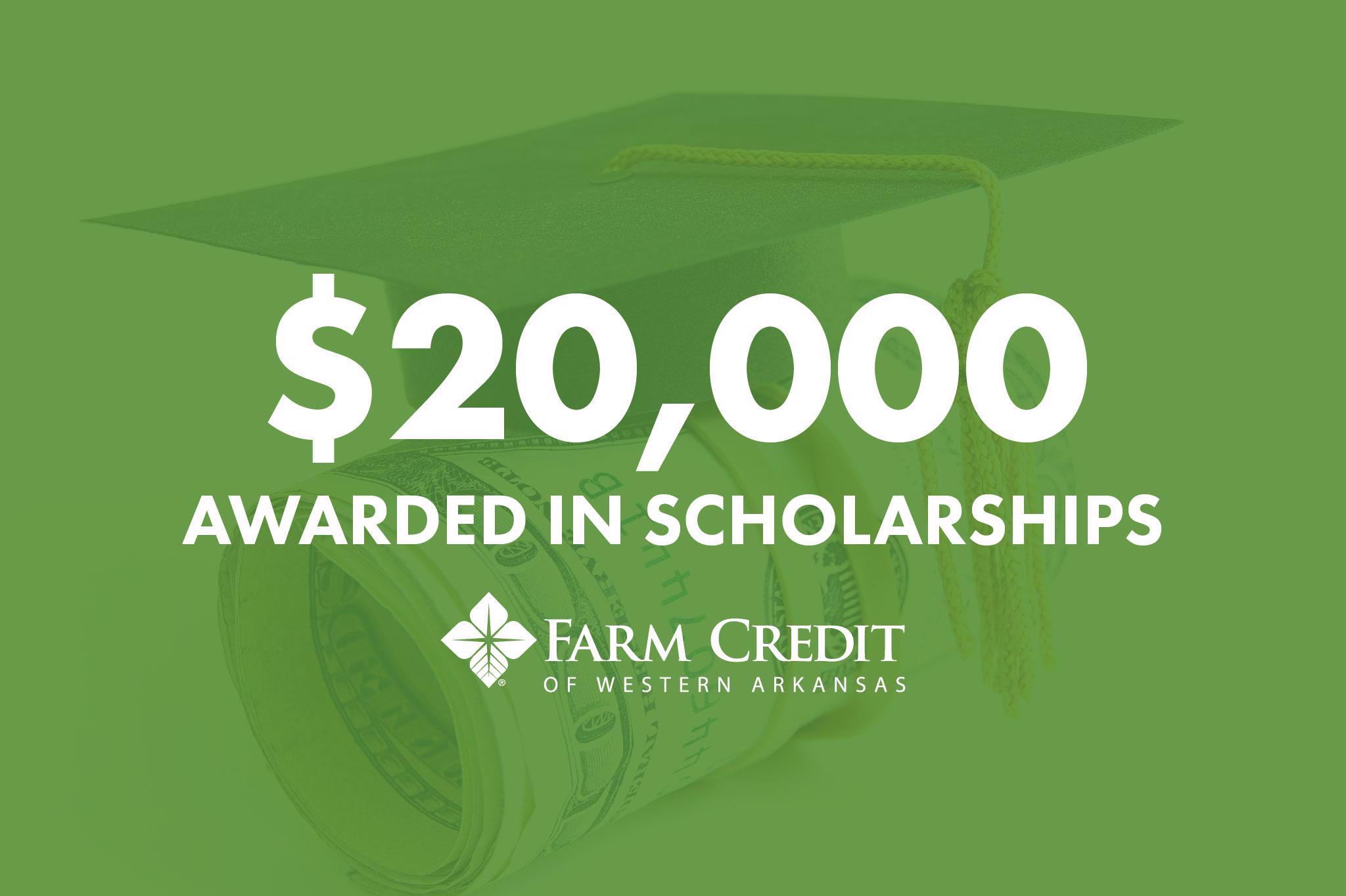 Text reads $20,000 awarded in scholarships, green background with money and graduation cap.