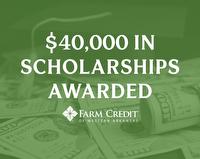 Background is money with graduation cap, text reads "$40,000 in scholarships awarded" Farm Credit logo