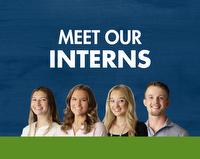 Text reads "Meet Our Interns" with photos of interns of blue background with green stripe at bottom