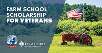 Farm School Scholarship for Veterans. Photo of red tractor and American flag in green field.