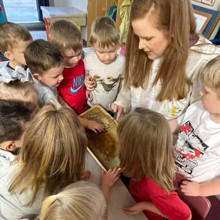 young people learn from beekeeper about bees