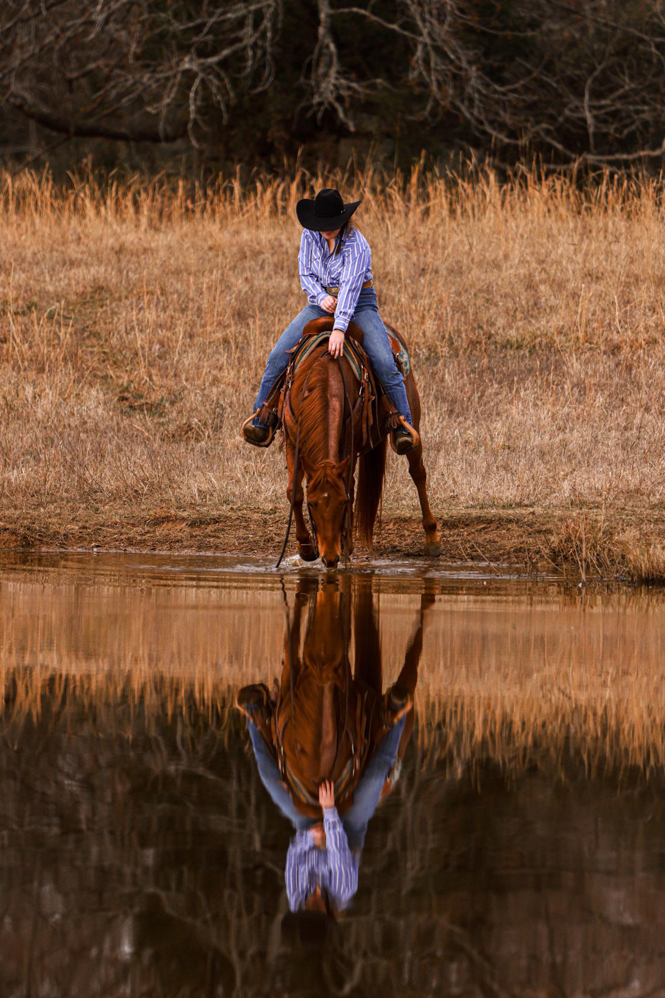 Horse and rider standing at the edge of a pond, reflected in the calm water below.