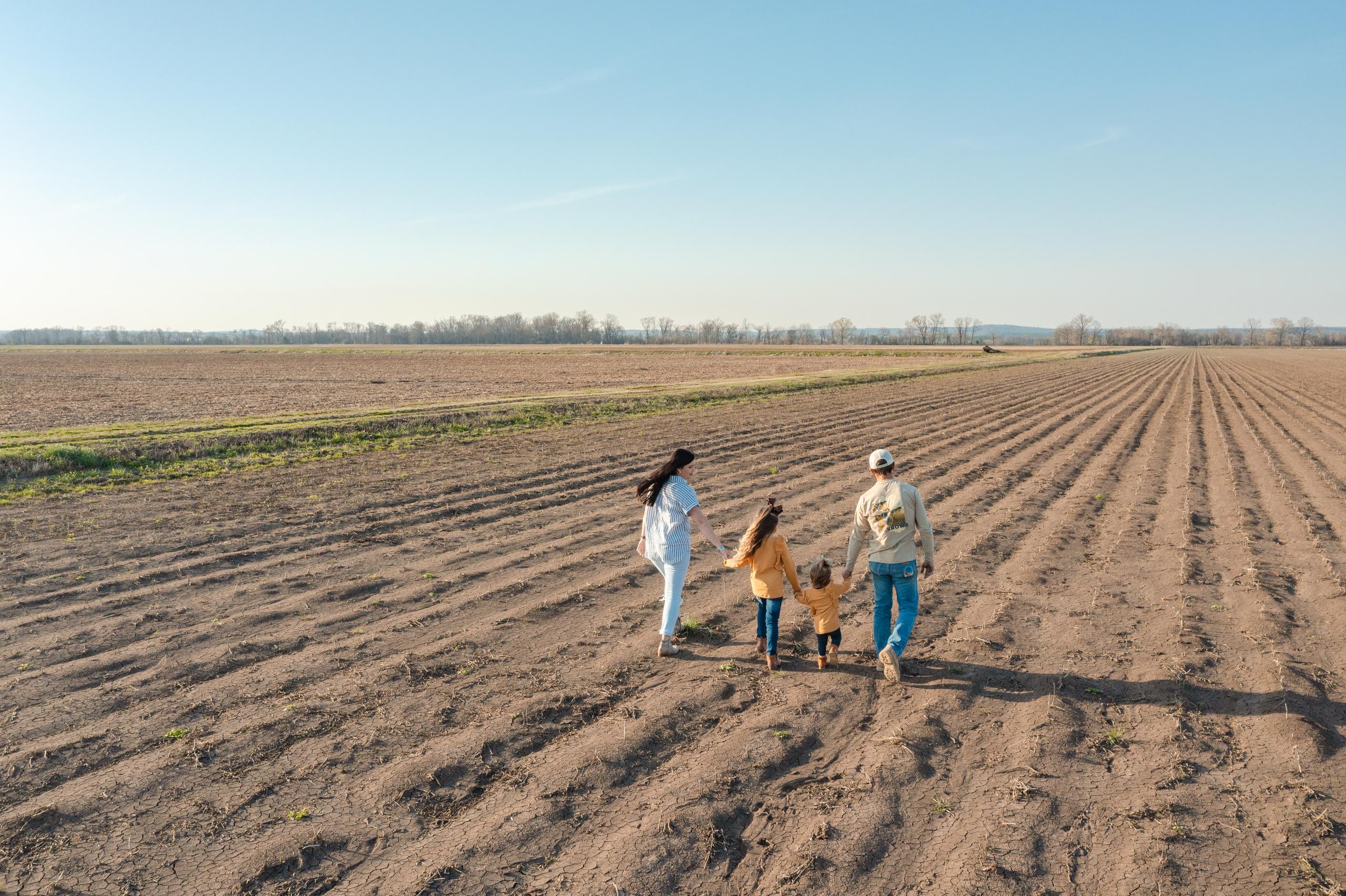 Aeriel shot of family walking through row crop field