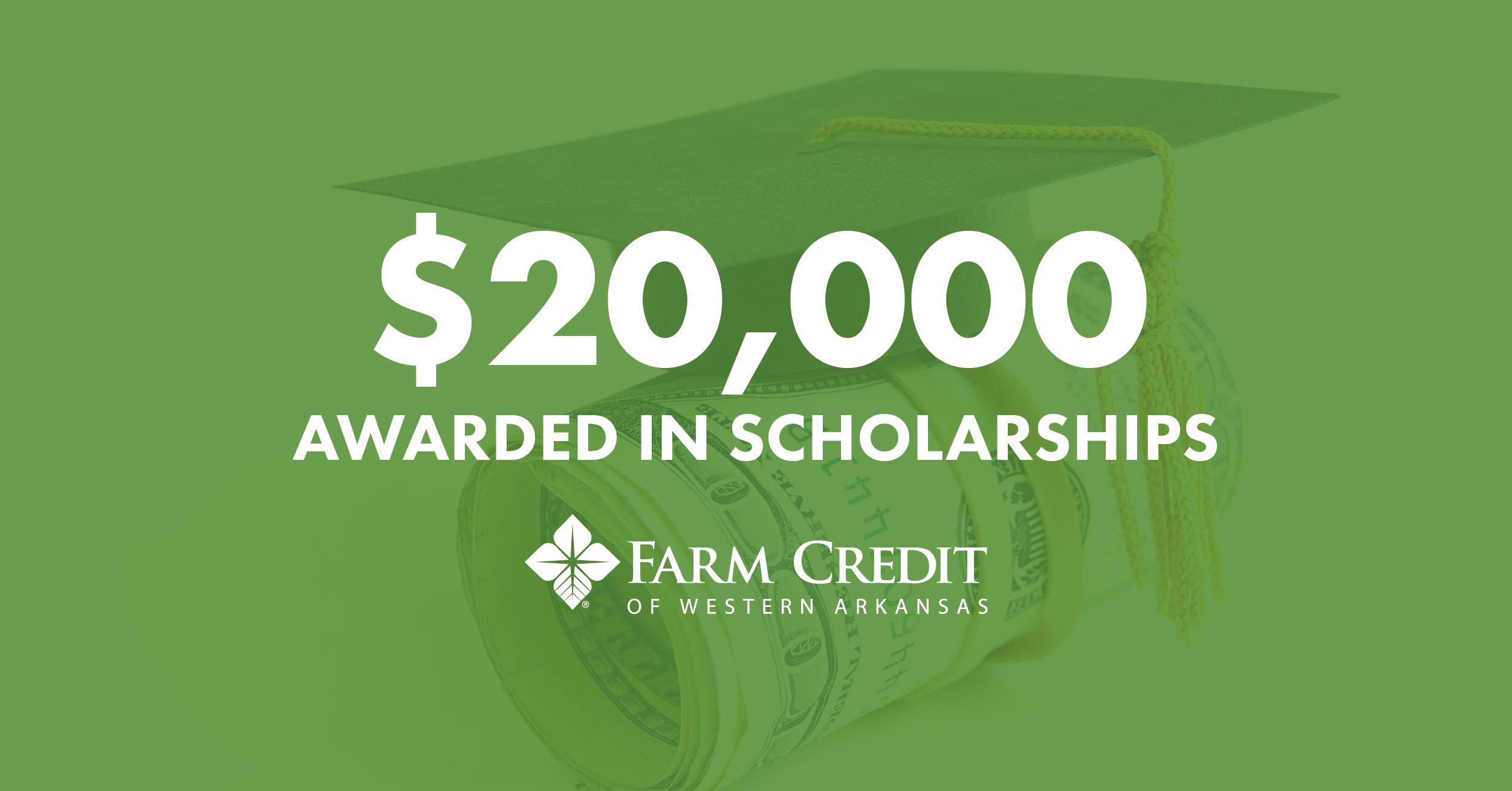 Text: $20,000 awarded in scholarships. Image: roll of cash with graduation cap