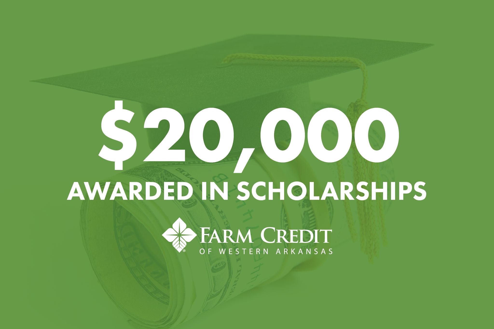 Text: $20,000 awarded in scholarships. Image: roll of cash with graduation cap