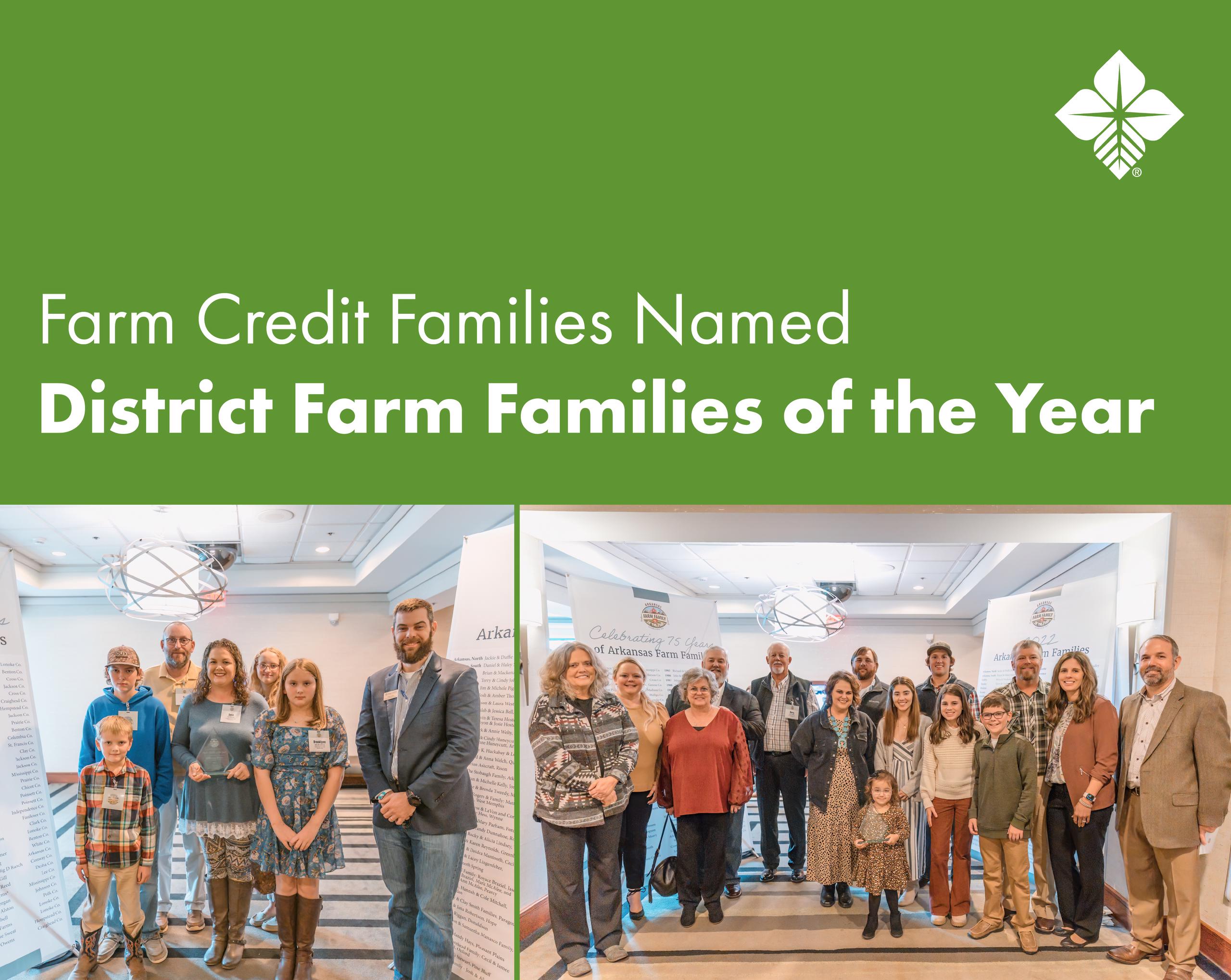 Text reads, "Farm Credit Families Named District Farm Families of the Year." Pictured below are the Robertson and Stobaugh families