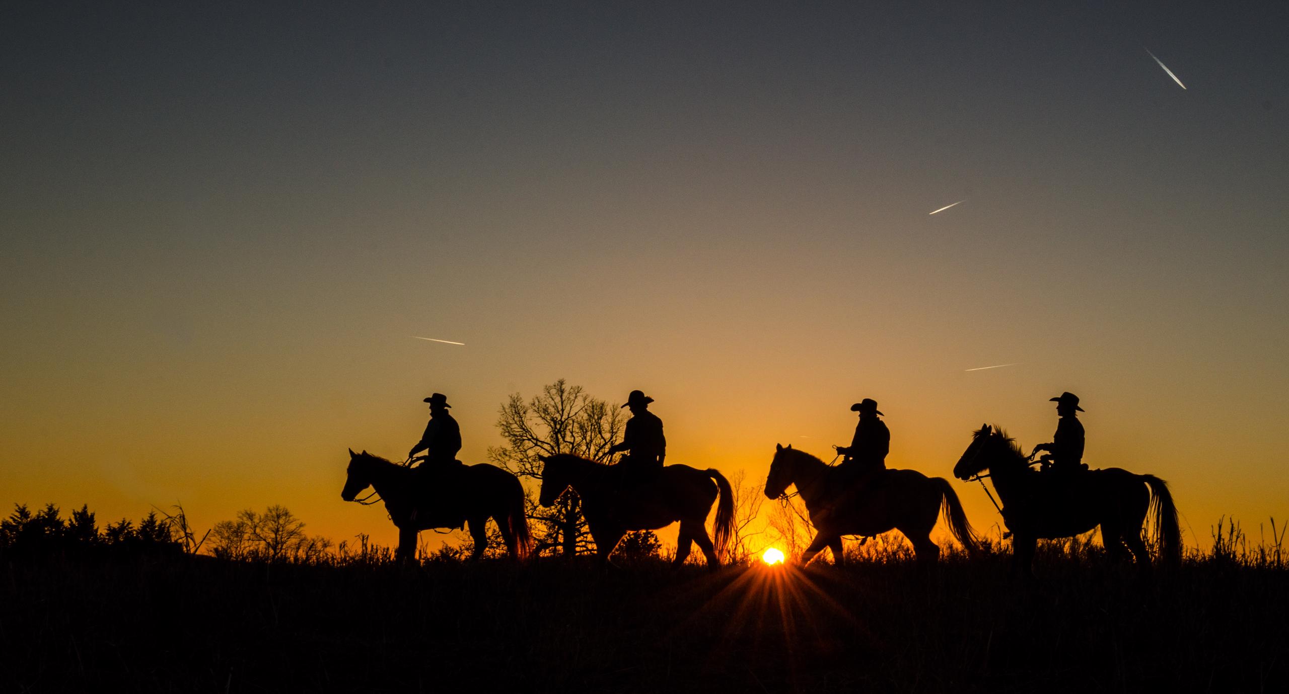 Silhouetted ranchers against orange sunset.